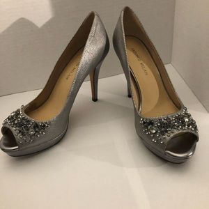 Antonio melani silver open-toe heels with rhinestone accents. Size 9.5M